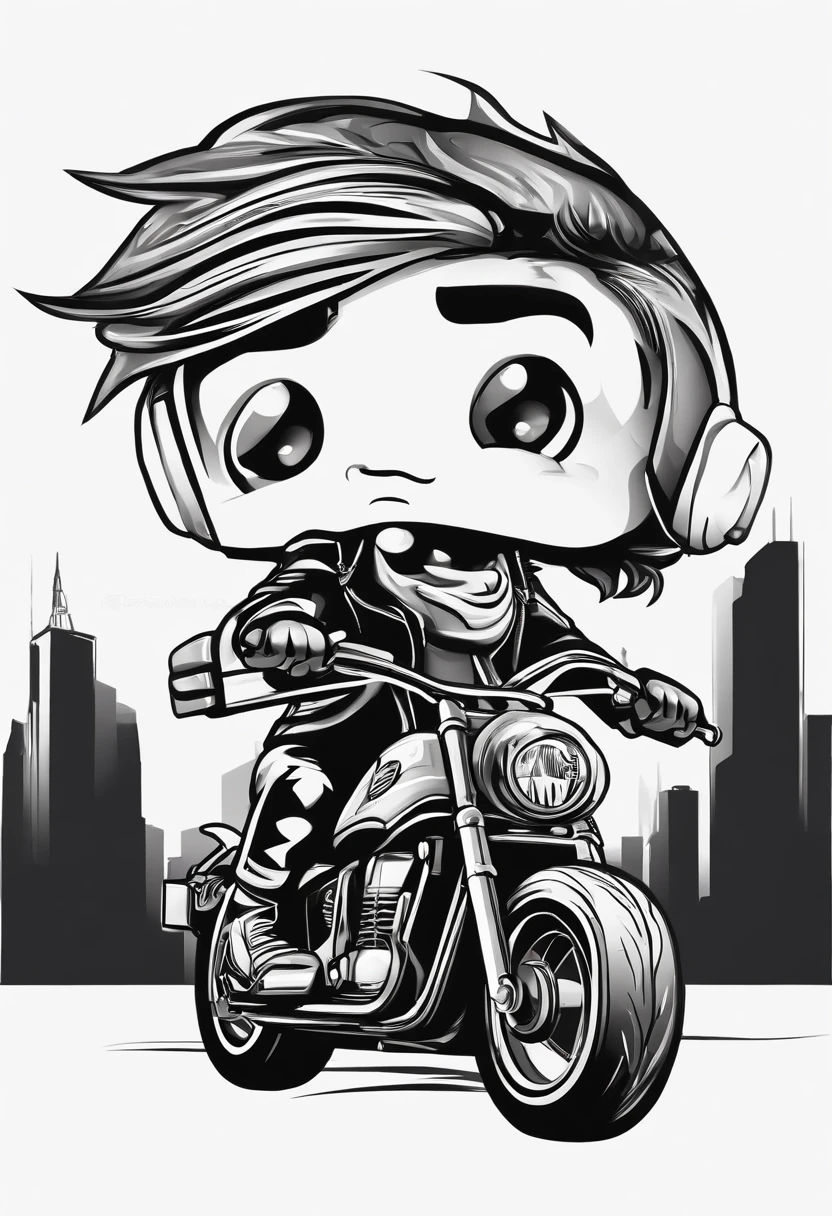 vector t shirt art ready to print black and white, graffiti style, full body, chibi, biker boy wearing a leather blck jacket , driving a motorcycle, white background