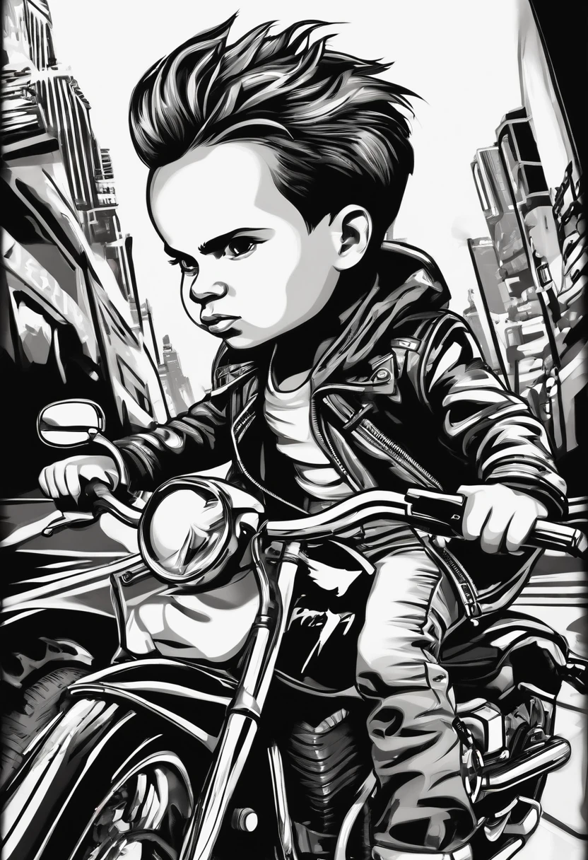 vector t shirt art ready to print black and white, graffiti style, full body, chibi, biker boy wearing a leather blck jacket , driving a motorcycle, white background