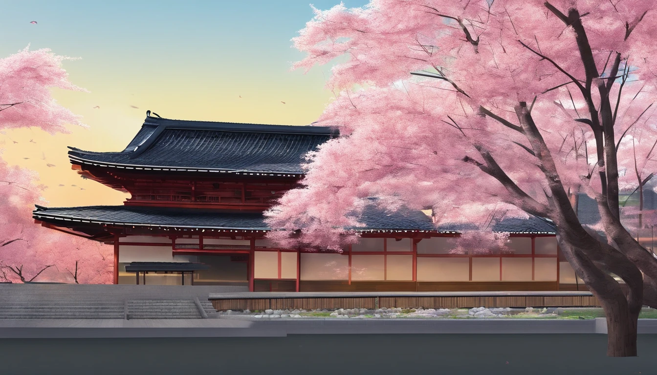 japanese architecture with sakura flower season, From below, Perspective, best quality, at the morning, a city scape,