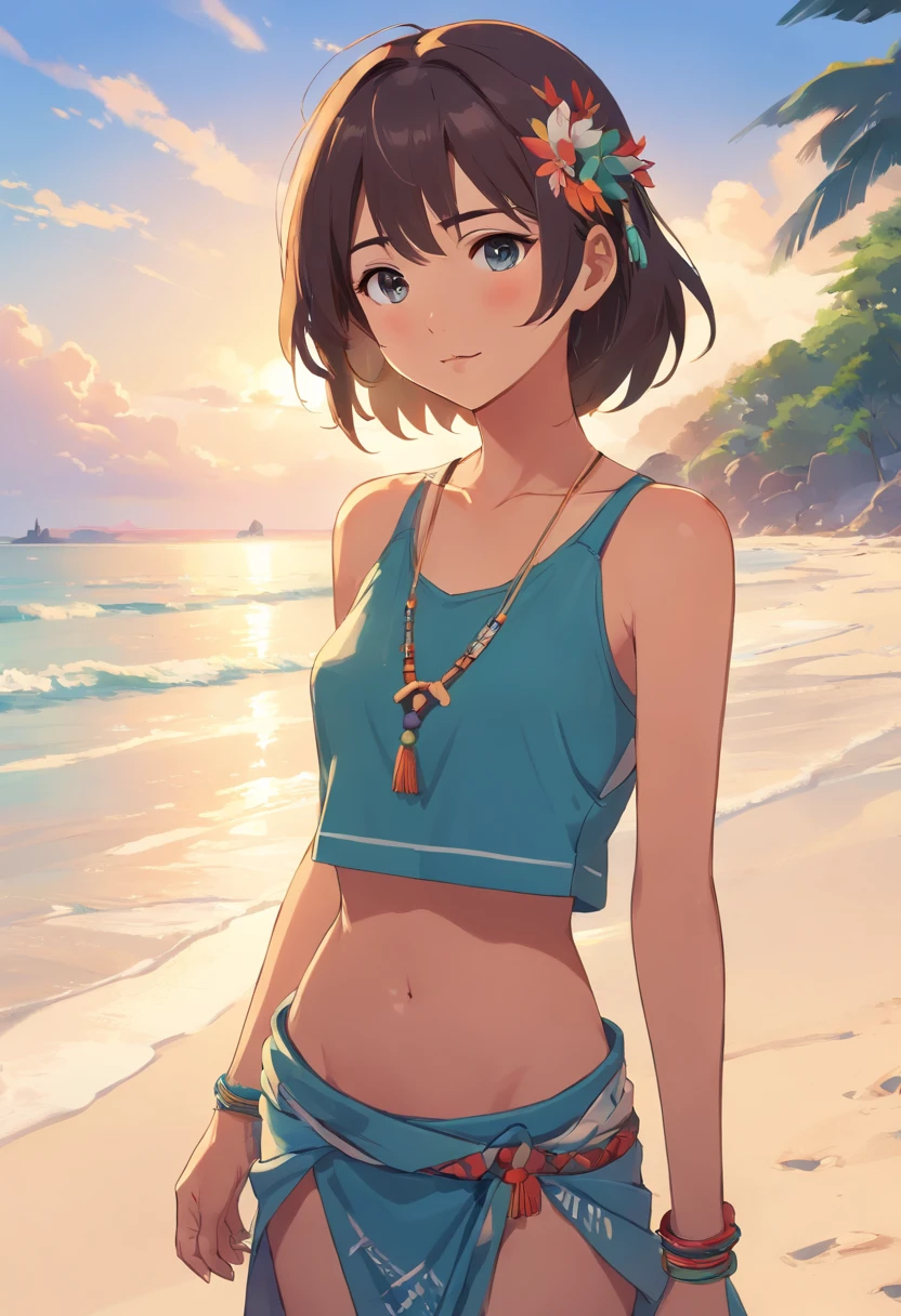 tribal woman, skinny, flat chest, on the beach, wearing korean clothes