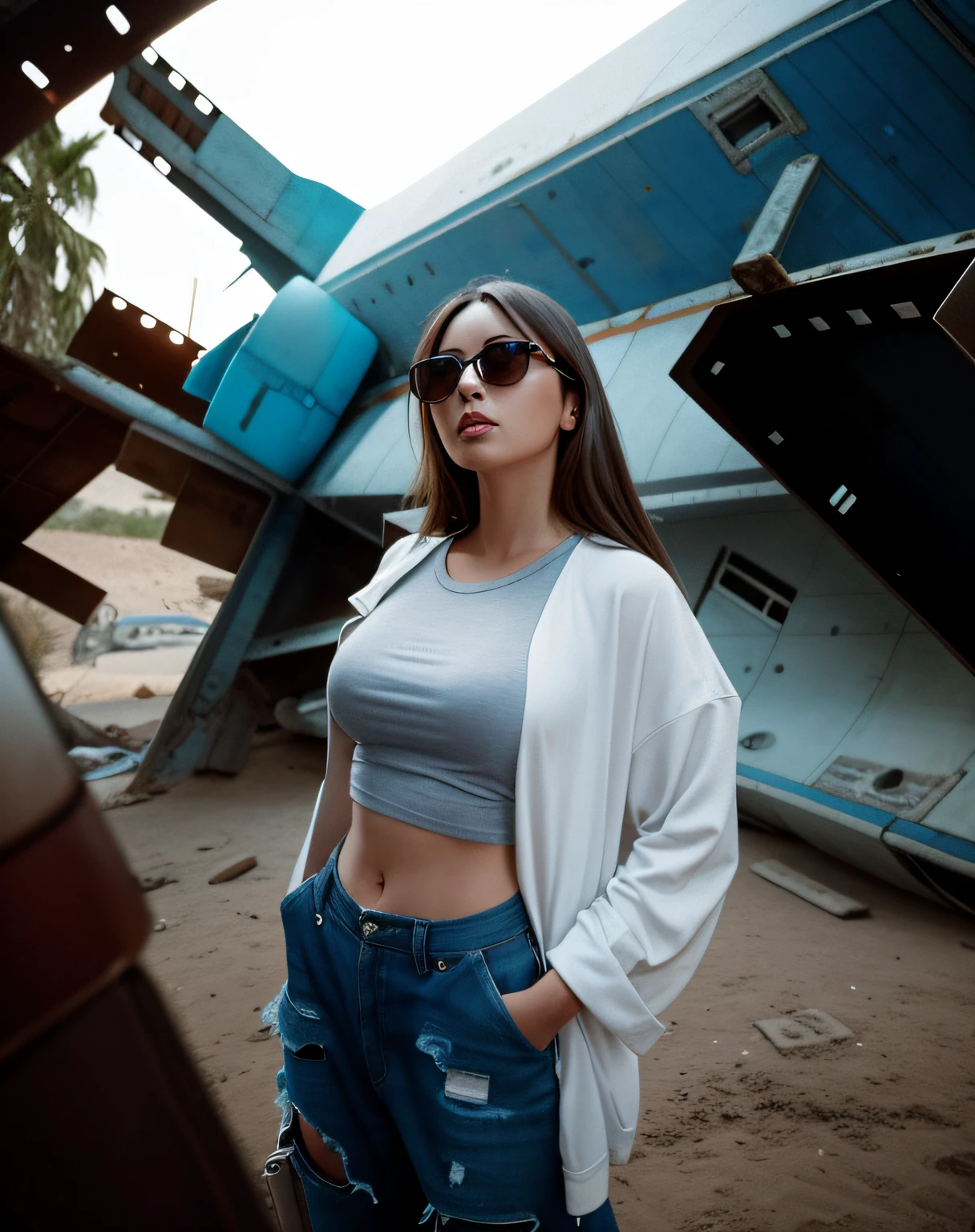 arafed woman in sunglasses standing in front of a pile of junk, cinematic outfit photo, in a post apocalyptic setting, mid shot portrait, standing in a space ship wreck, casual photography, taken with canon eos 5 d mark iv, casual pose, taken with a canon eos 5d, taken with a canon eos 5 d, shot with sigma f / 4. 2