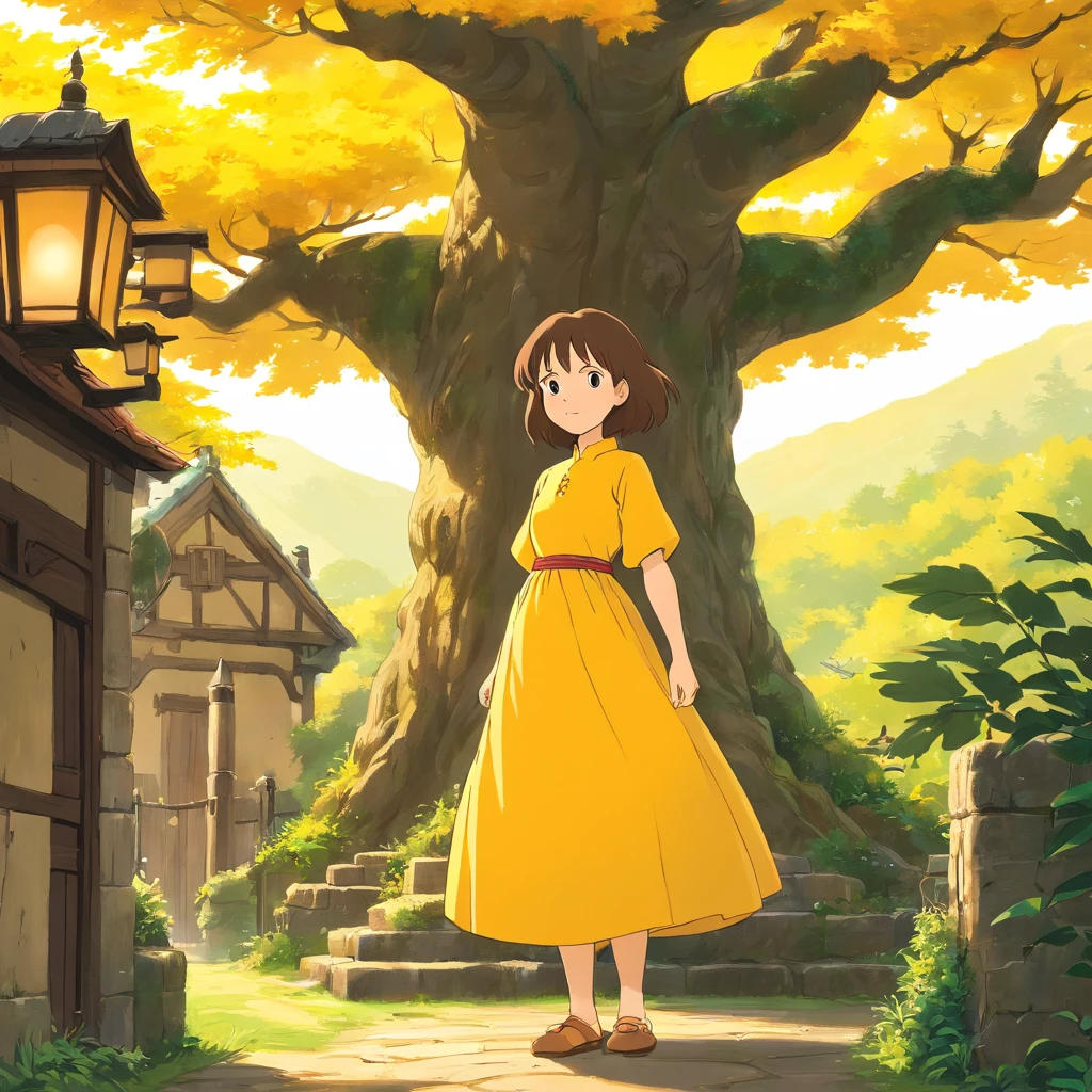 garota, casa medieval, vestido, amarelo, tree, horizonte, audacity