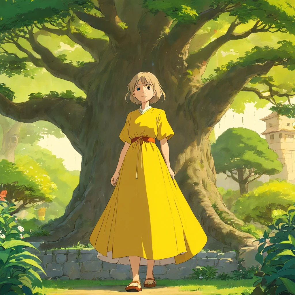 garota, casa medieval, vestido, amarelo, tree, horizonte, audacity