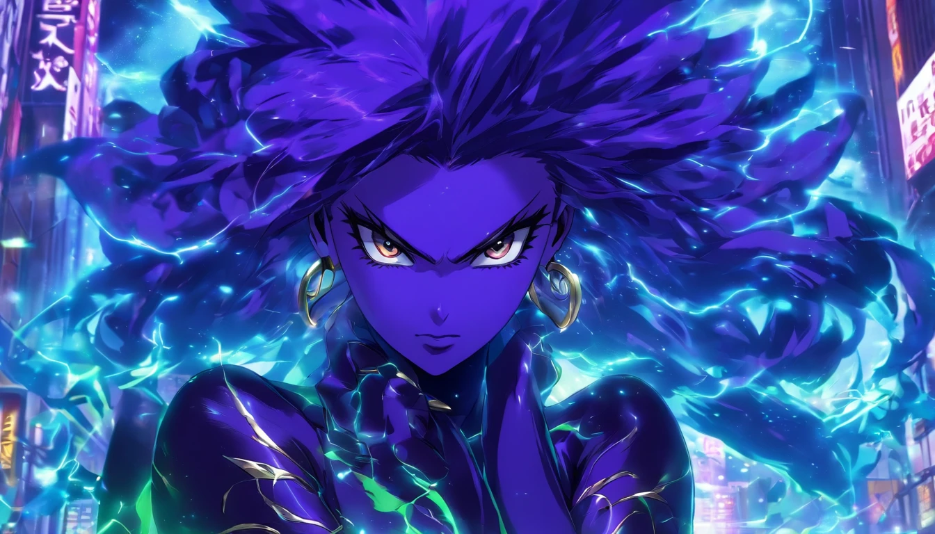 muito bonito estilo anime, mulher sexy, longos cabelos cacheados pretos, olhos verde-escuros, busto grande, usando um espartilho roxo com renda na frente, Black leather pantyhose, jaqueta de couro preta, tendo como pano de fundo uma cidade sombria, dark purple thunder, A cidade