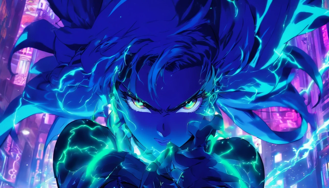 muito bonito estilo anime, mulher sexy, longos cabelos cacheados pretos, olhos verde-escuros, busto grande, usando um espartilho roxo com renda na frente, Black leather pantyhose, jaqueta de couro preta, tendo como pano de fundo uma cidade sombria, dark purple thunder, A cidade