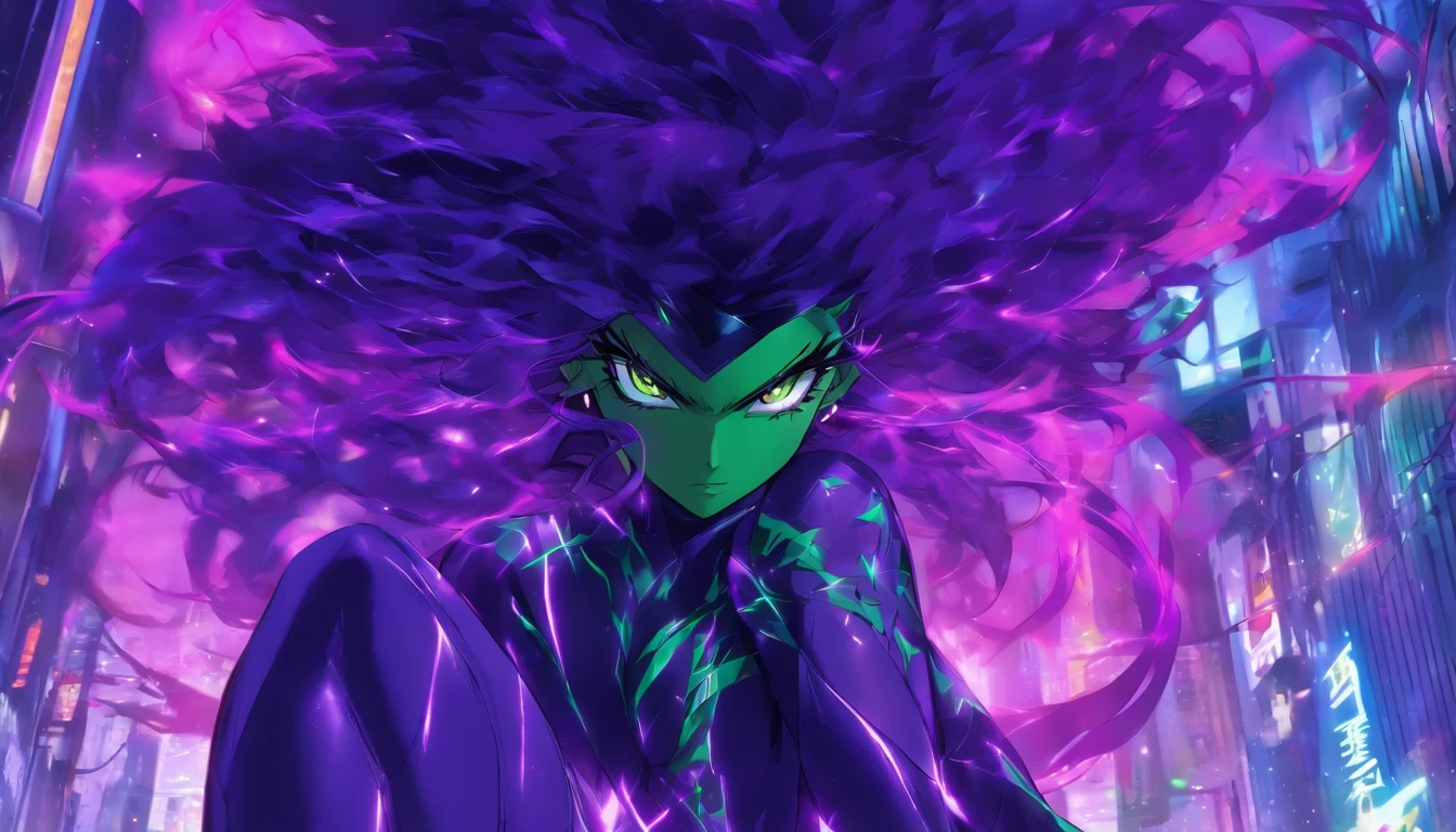 muito bonito estilo anime, mulher sexy, longos cabelos cacheados pretos, olhos verde-escuros, busto grande, usando um espartilho roxo com renda na frente, Black leather pantyhose, jaqueta de couro preta, tendo como pano de fundo uma cidade sombria, dark purple thunder, A cidade