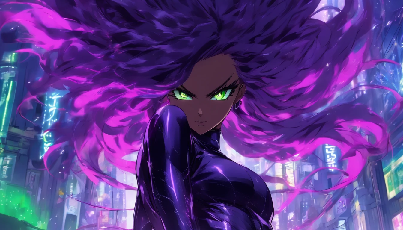 muito bonito estilo anime, mulher sexy, longos cabelos cacheados pretos, olhos verde-escuros, busto grande, usando um espartilho roxo com renda na frente, Black leather pantyhose, jaqueta de couro preta, tendo como pano de fundo uma cidade sombria, dark purple thunder, A cidade