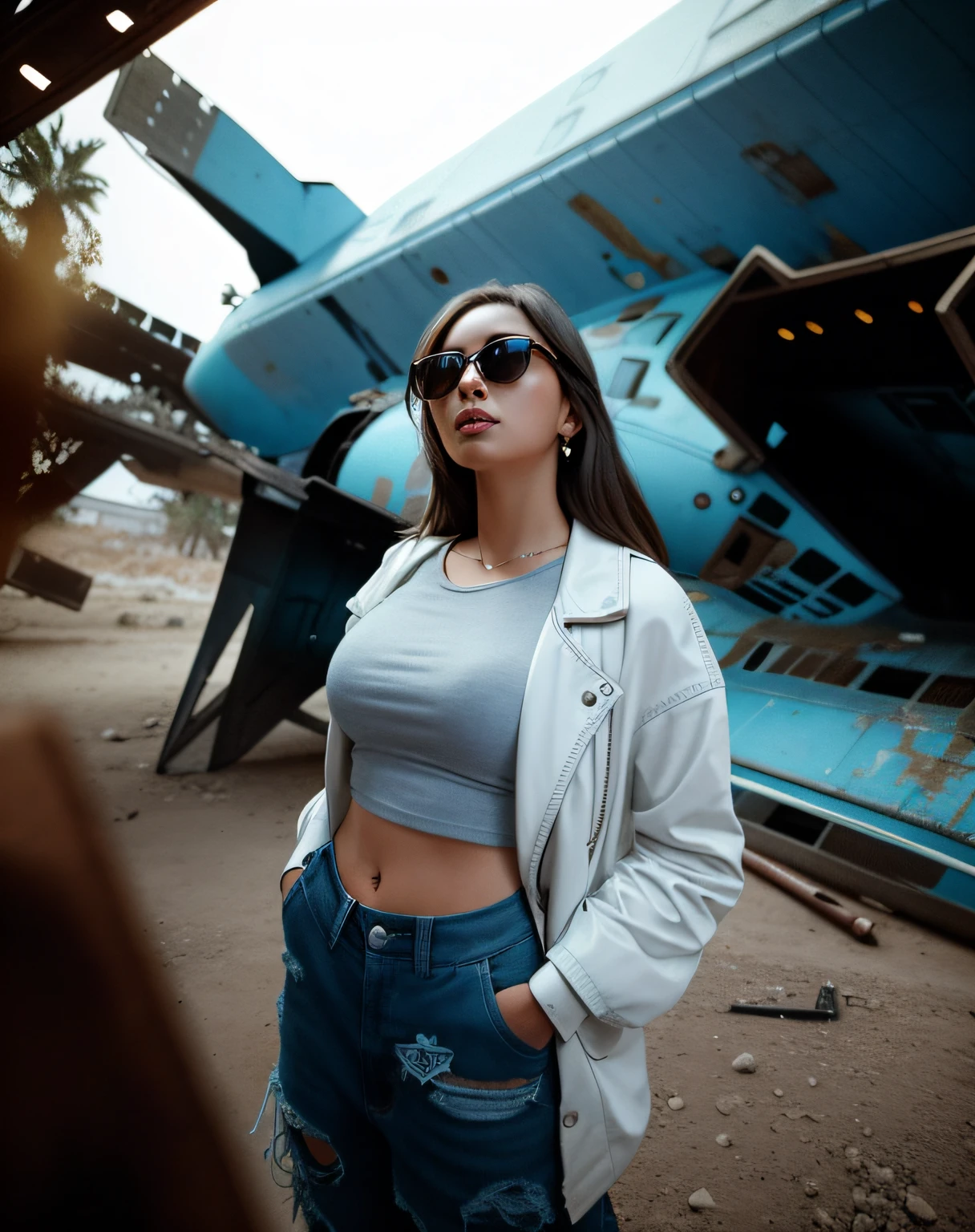arafed woman in sunglasses standing in front of a pile of junk, cinematic outfit photo, in a post apocalyptic setting, taken with canon eos 5 d mark iv, casual photography, standing in a space ship wreck, mid shot portrait, taken with a canon eos 5d, taken with a canon eos 5 d, casual pose, shot with sigma f / 4. 2