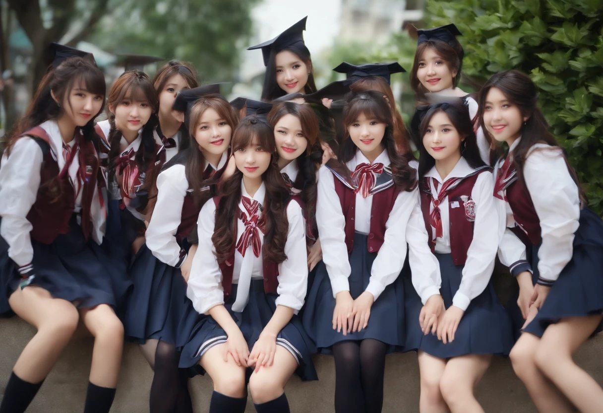 Cute High School Girl 校服 A dark-haired 10 people in group photograph