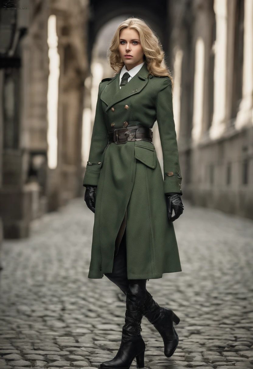 A lonely young girl, Tall stature, smallunderboob, Closed mouth, Slavic appearance: Green eyes; blond hairbl; Sharp facial features; Dimples on the chin; Straight nose; High nose; pronounced high cheekbones; High forehead, erect through, in a soldier uniform: Dark green double-breasted coat,With 6 buckles; Gray pants; high black boots; Black leather gloves, Stand in the middle of the street, Image background: A stone-paved road,Above it are European stone houses from the first half of the 20th century; Costumed man of the mid-20th century, High quality shadows, High quality of light, High quality clothing, Masterpiece picture quality, max detail, Masterpiece quality, high-definition image.
信息