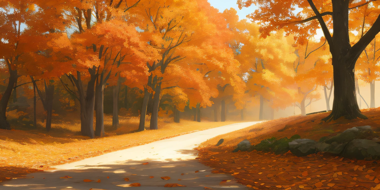 Illustration: vivid nature, autumn nature, autumn forests, high quality, detailed texture, 8k digital art, vivid autumn, cinematic light and shadows, vast landscape, photo realistic colors, autumn leaves falling from trees, autumn grasses and weeds, leaves detailed
