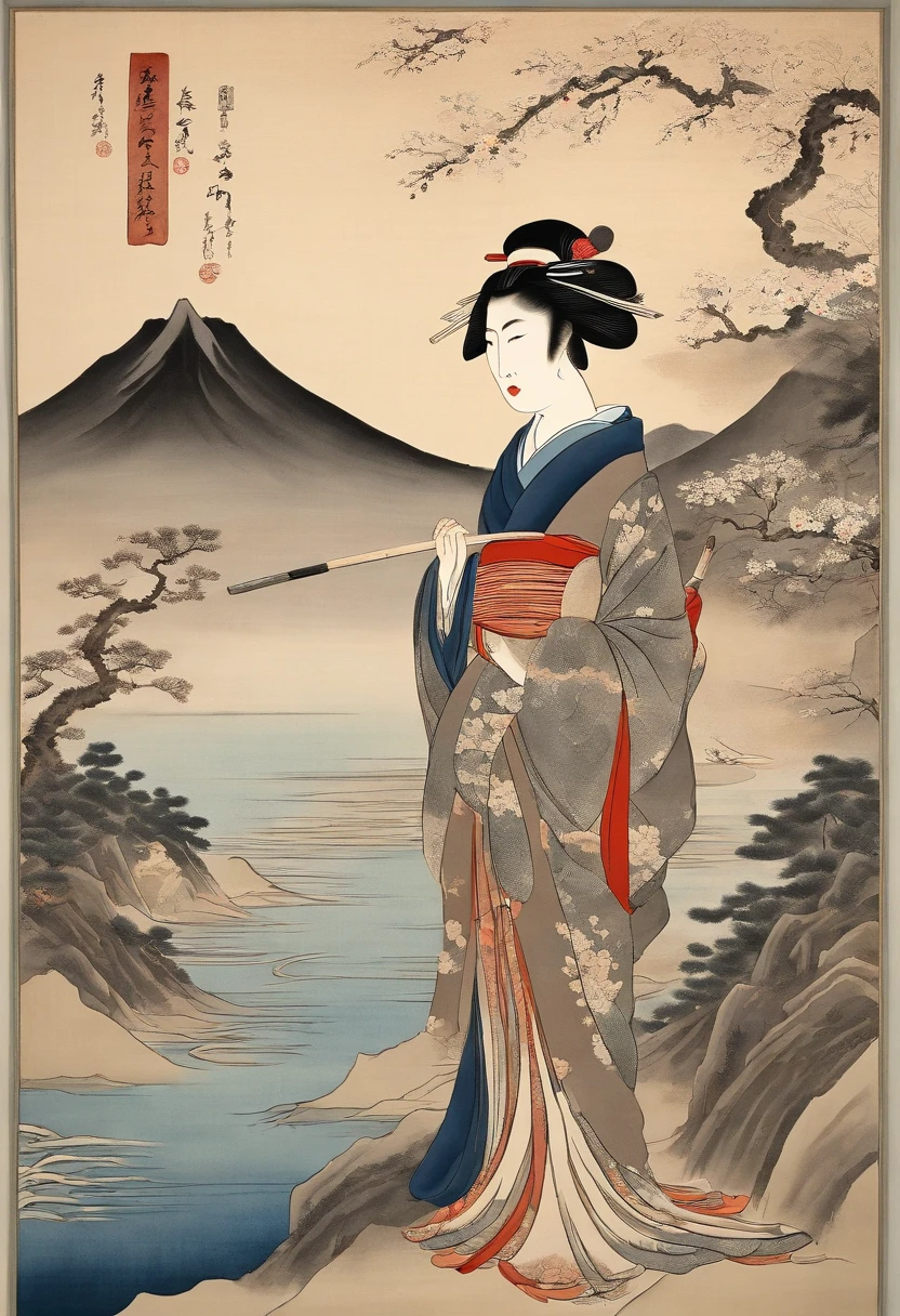 (masutepiece, Stunning mural in the style of Japan ukiyo-e)、 (Meticulously crafted to capture the elegance and simplicity of ukiyo-e aesthetics:1.2), (Female posture and facial expressions reflecting a sense of contemplation and appreciation for the aquatic scene:1.1), (The intricate details of the carp and the delicate depiction of nature、Increases the authenticity of the style:1.1), (The use of muted colors and fine lines、Creates a sense of tranquility and harmony:1.1), (While capturing the essence of the tradition of ukiyo-e、Great attention was paid to depicting scenes of natural beauty:1.1), (A depiction that invites us to an era of Japan artistry and appreciation for nature:1.1), (Images of timeless ukiyo-e prints、An image that encapsulates the ability to evoke a sense of peace and wonder:1.1), (A work immersed in the beauty of the traditional beauty of Japan:1.1), (Embrace the delicate beauty of the scene、An invitation to explore the world through the eyes of ukiyo-e:1.1))