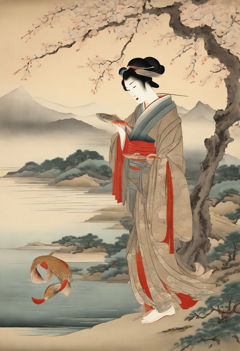(masutepiece, Stunning mural in the style of Japan ukiyo-e)、 (Meticulously crafted to capture the elegance and simplicity of ukiyo-e aesthetics:1.2), (Female posture and facial expressions reflecting a sense of contemplation and appreciation for the aquatic scene:1.1), (The intricate details of the carp and the delicate depiction of nature、Increases the authenticity of the style:1.1), (The use of muted colors and fine lines、Creates a sense of tranquility and harmony:1.1), (While capturing the essence of the tradition of ukiyo-e、Great attention was paid to depicting scenes of natural beauty:1.1), (A depiction that invites us to an era of Japan artistry and appreciation for nature:1.1), (Images of timeless ukiyo-e prints、An image that encapsulates the ability to evoke a sense of peace and wonder:1.1), (A work immersed in the beauty of the traditional beauty of Japan:1.1), (Embrace the delicate beauty of the scene、An invitation to explore the world through the eyes of ukiyo-e:1.1))