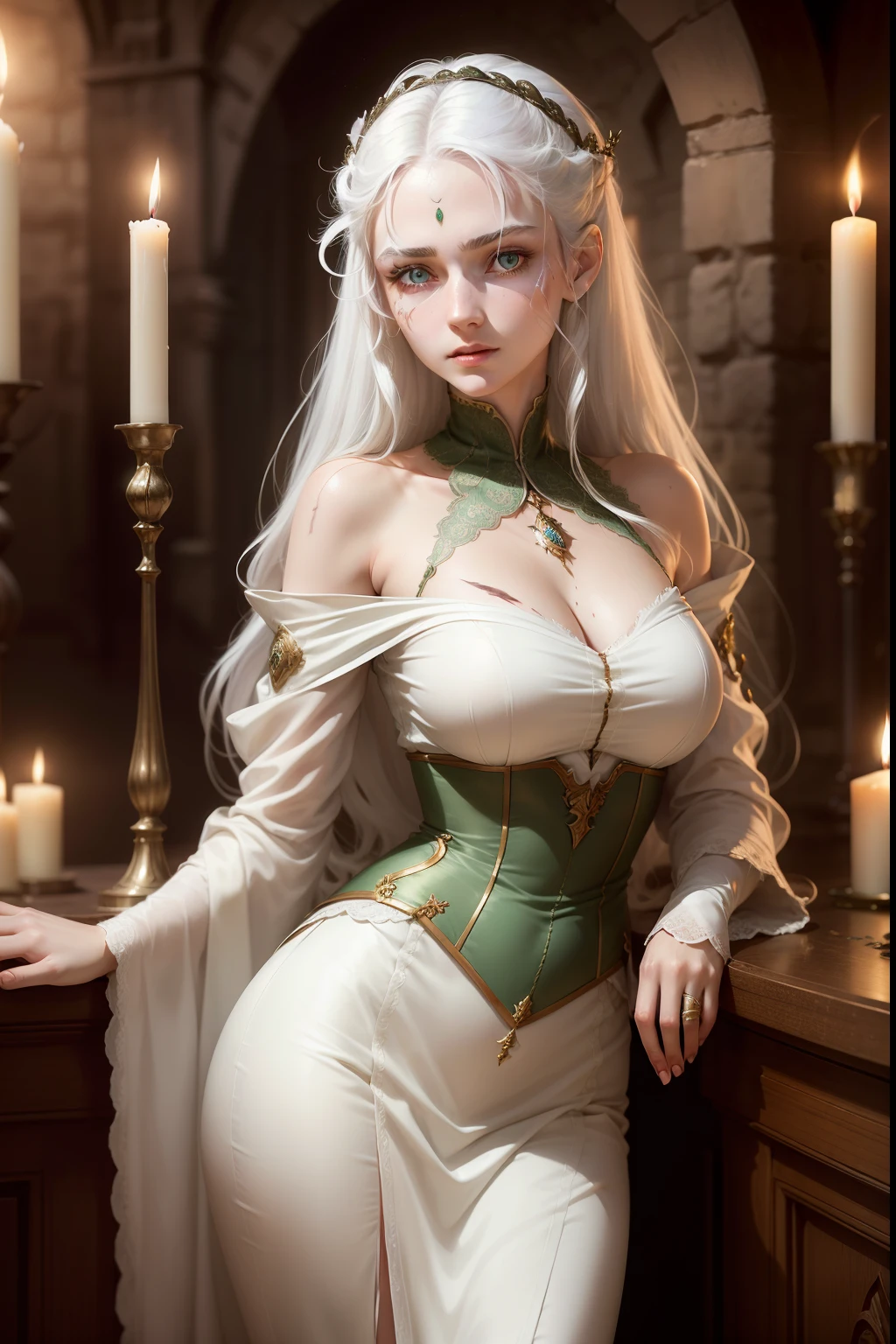 (best quality,4k,highres,masterpiece:1.2),ultra-detailed,(realistic,photorealistic,photo-realistic:1.37),Daenerys Targaryen portrait,beautiful detailed eyes,beautiful detailed lips,extremely detailed eyes and face,long eyelashes,gorgeous woman,confident expression,soft skin tones,elaborate braided blonde hair flowing down her back,flowing white dress,light blue eyes,sharp focus,stunningly vibrant colors,low-key lighting,mysterious atmosphere