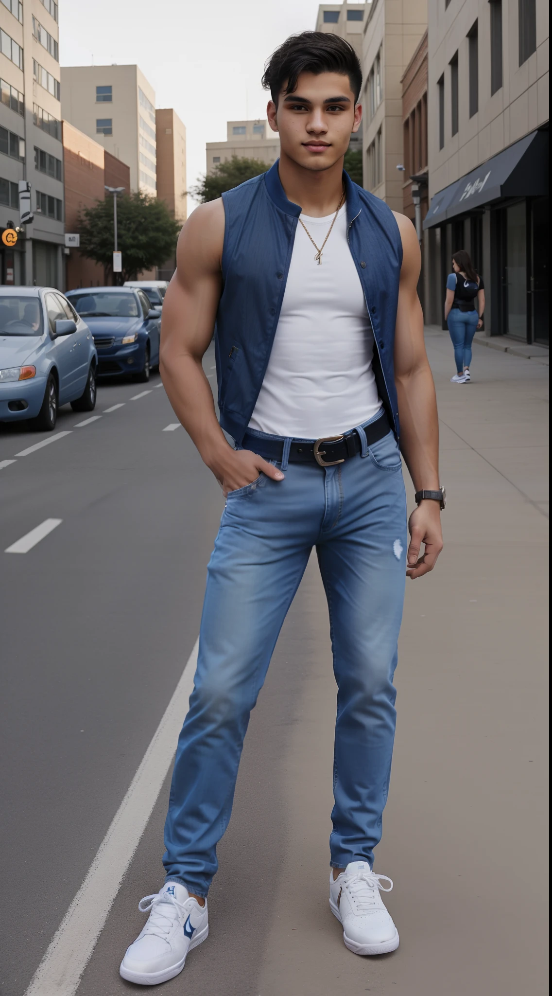 A muscular hunk man with very short hair, tight jeans, red heels, earrings, bra ,tattoos,nylons