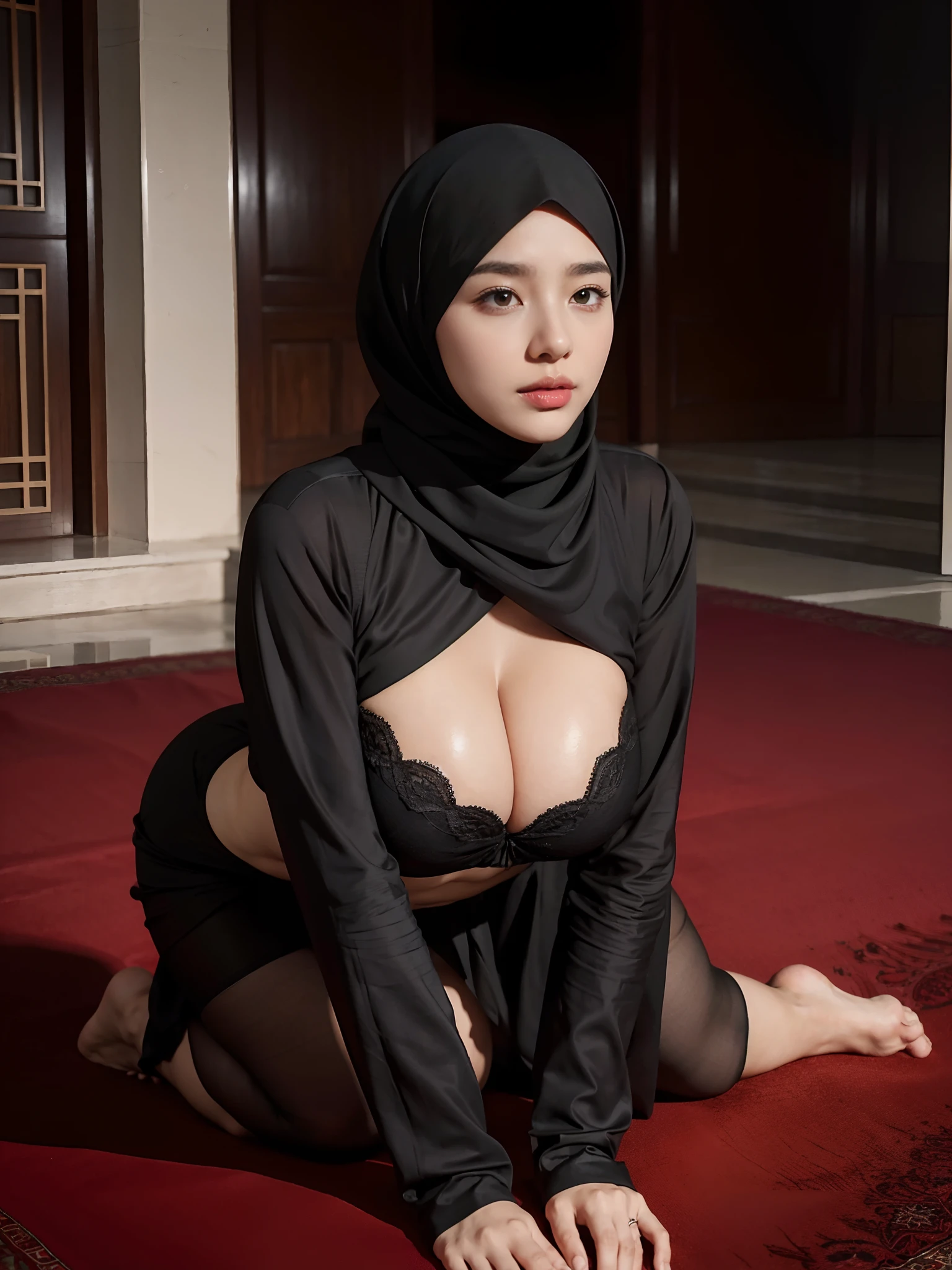（big underboob，Tomboyish,small head)，(Well-defined abs: 1.1), (perfect bodies: 1.1),(short-length straighthair: 1.2), Black hair,attractive collarbone，（极其细致的CG 8k壁纸），（Extremely refined and beautiful），（tmasterpiece），（best qualtiy：1.0），（超高分辨率：1.0），upper body，Group photo of two people，[A high resolution]，Smooth and flawless fair skin，ultra - detailed ，two beautiful girls，Embrace each other，Elongated legs，(huge breasts:1.5)，big chest，well-rounded figure，Wearing an Arabic headscarf and veil，Face obscured by black veil，Gorgeous abaya，no bra，，Black suspender stockings，barefoot，in front of a large mosque，Kneeling upright on the ground，from front，Close-up， in meditation，kindly