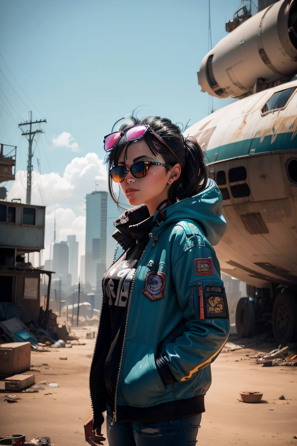 arafed woman in sunglasses standing in front of a pile of junk, a portrait inspired by Elsa Bleda, unsplash, graffiti, cinematic outfit photo, in a post apocalyptic setting, mid shot portrait, standing in a space ship wreck, casual photography, taken with canon eos 5 d mark iv, taken with a canon eos 5d, taken with a canon eos 5 d