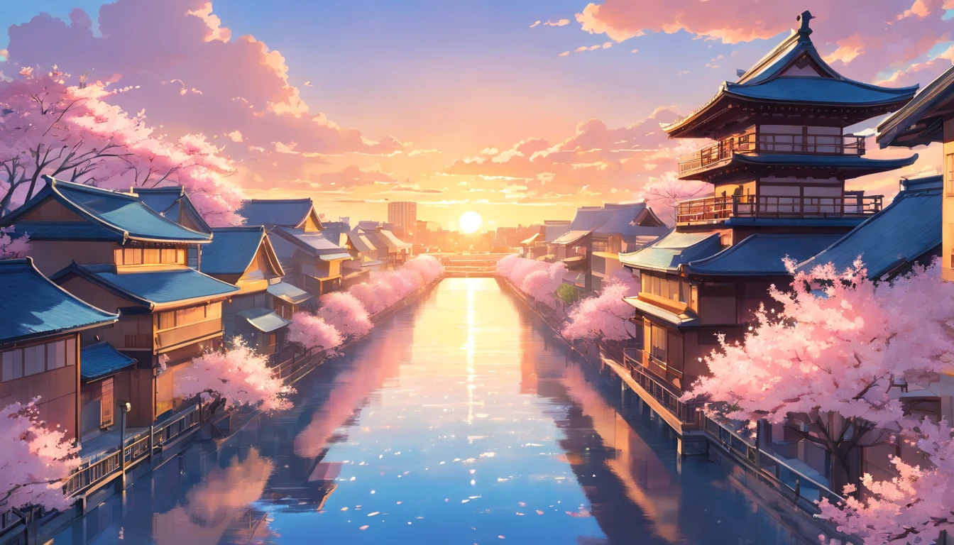 japanese architecture with sakura flower season, From below, Perspective, best quality, at the sunset, a city scape, artist makoto shinkai, water ink art, best quality, masterpiece, realistic