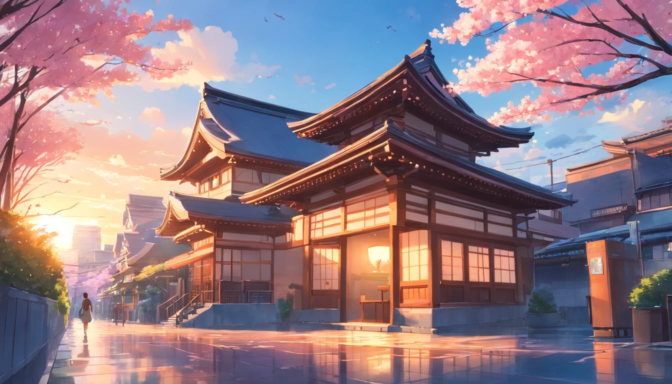 japanese architecture with sakura flower season, From below, Perspective, best quality, at the sunset, a city scape, artist makoto shinkai, water ink art, best quality, masterpiece, realistic