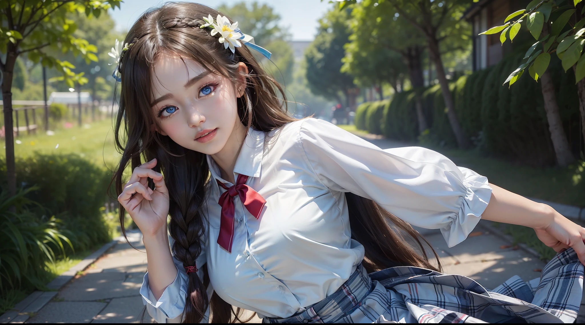(top-quality、masterpiece)、(Realistic lighting with shadows)、huge filesize、hight resolution、elegent、realisitic、intricate detailes、(Perfect anatomical depiction of the human body)、1 girl in、She is a girl in her 20s、((Beautiful bright blue eyes with glowing highlights))、Her charming little thin lips are、I don't have lipstick on it, but it's shiny、Brunette hair dancing in the wind、 Backlit braided half-up hair、Japan schoolgirl wearing summer clothes、Clothes should be neat and clean blouses.、The color is white。、Wearing a crimson ribbon tie。A little tight blouse for her、Backed by all powerful buttons、Skirt pleated mini with tartan check((The girl's breasts are not exposed at all))But、very beautiful breasts,、Looks like a school goddess。This is a photo taken from the front(It is a photo of a smile that looks like a wonderful flower blooming。I have an assault rifle