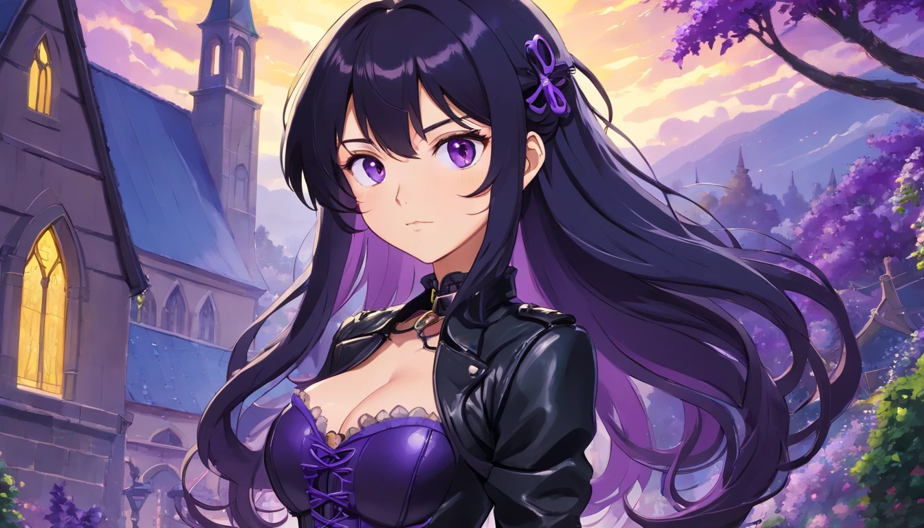anime style very beautiful, sexy woman, long black curled hair, dark greenish eyes, wearing a purple corset with strings in the front, black leather tights, black leather jacket, with the background of a garden, thunder purple dark, the church