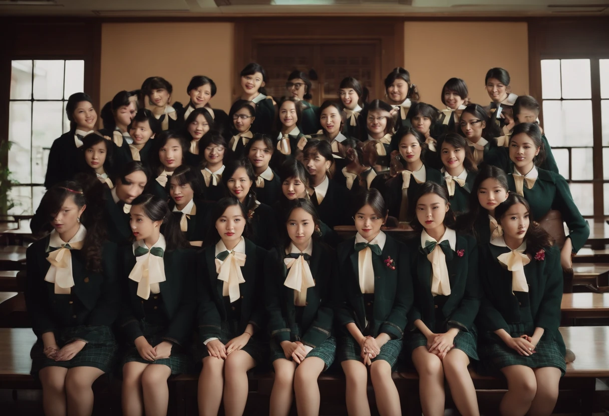 Cute High School Girl 校服 A dark-haired 40 people in group photograph Retro shades
