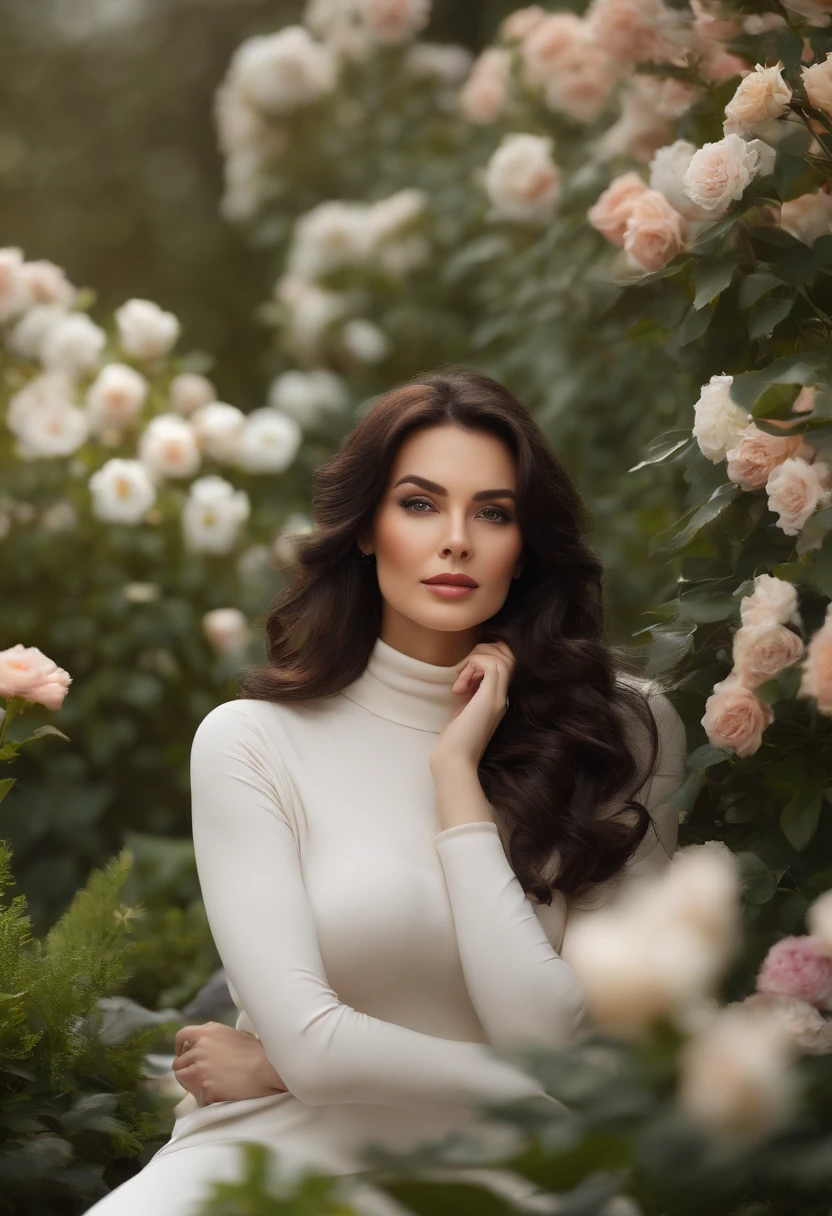 It generates, with a good distance, the image of a woman, 33 years old, beautiful, elegant and sophisticated. curvy medium body, medium length wavy black hair. she wears a white turtleneck blouse and beige pants. she is sitting in a beautiful garden with flowers around her. she must have her mouth closed. your hand must be realistic human. Manicured and realistic hands. Photo with 9k quality and blur