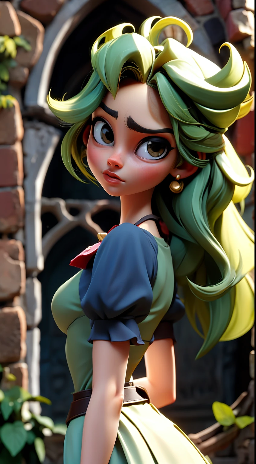 Uma garota adolescente de anos, cabelos verdes, rebelde, impulsivo, querer se provar melhor que os outros com um olhar de superioridade, but not knowing how to deal with feelings. medieval