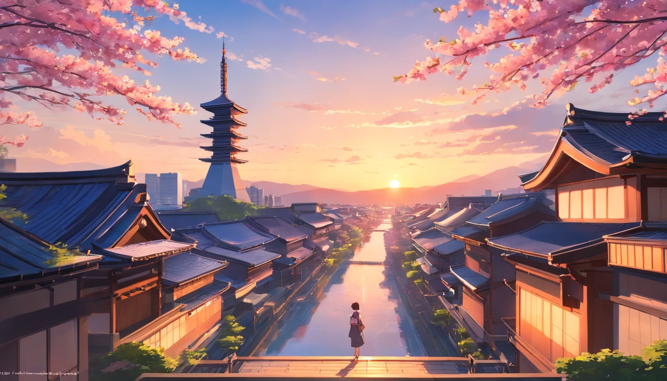 japanese architecture with sakura flower season, From below Perspective, best quality, at the sunset, a city scape, artist makoto shinkai, best quality, masterpiece, realistic art , at the kyoto, much people having fun,