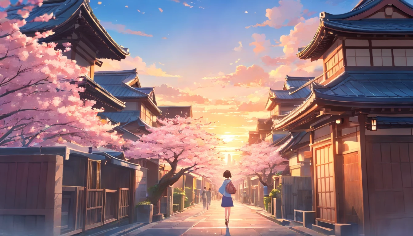 japanese architecture with sakura flower season, From below Perspective, best quality, at the sunset, a city scape, artist makoto shinkai, best quality, masterpiece, realistic art , at the kyoto, much people having fun,