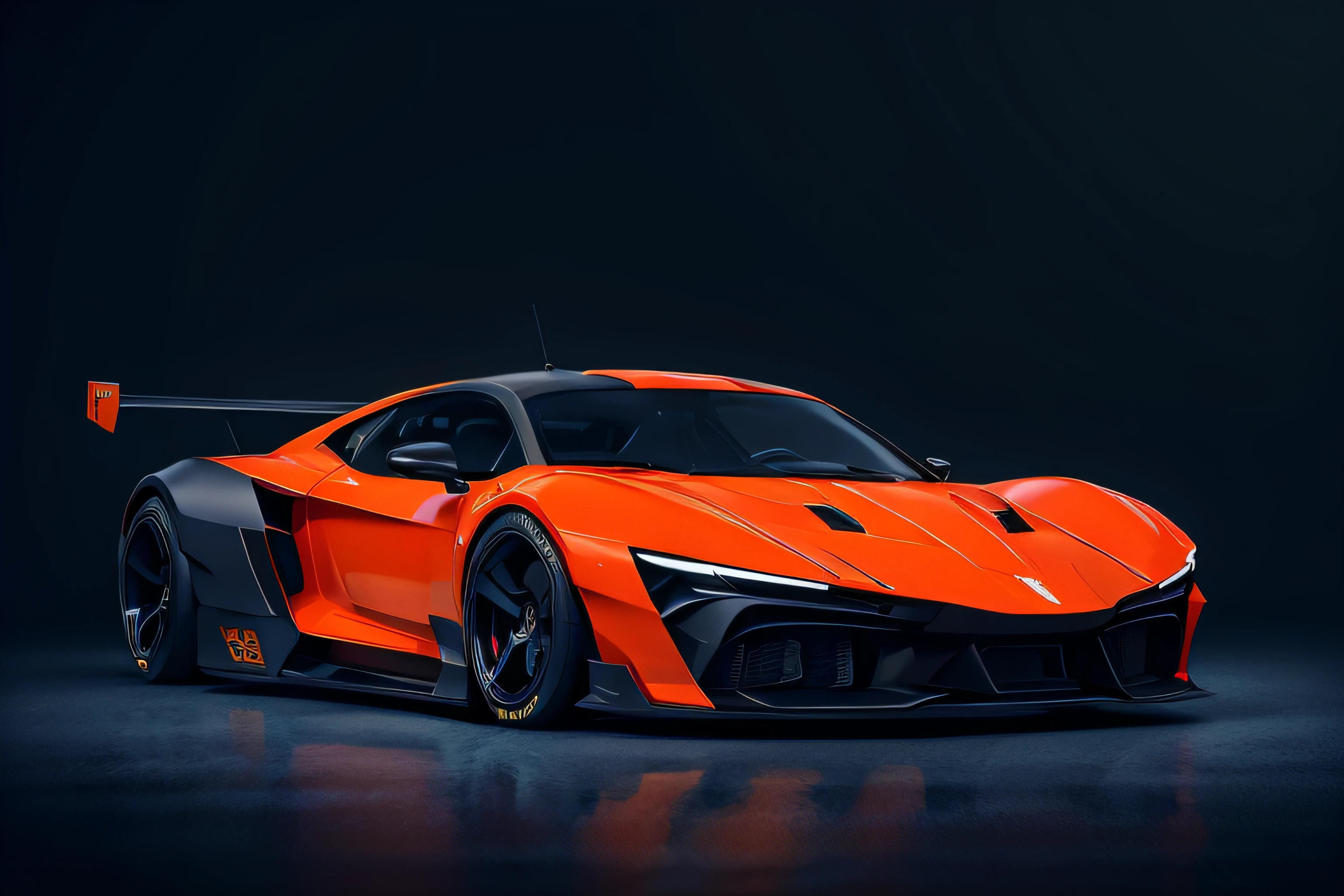 a matte black high performance sports model car with neon orange accents parked on a las vegas street with lots of lights and hotels and casinos, high quality, 8k, super details, full definition