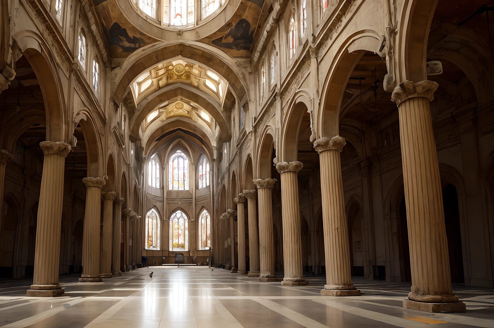 Um templo cultural e religioso antigo, African with an old-fashioned and precarious legacy with pillars full of gold ring and silver floor, full of peace and darkness of light in the background with a cross base on the ground