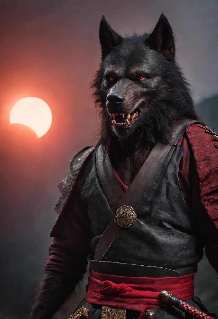 A black werewolf with a scar, wearing samurai armor, holding a red-bladed katana, in the background a solar eclipse
