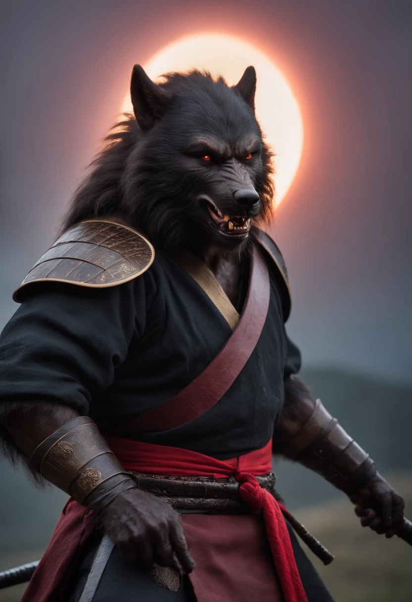 A black werewolf with a scar, wearing samurai armor, holding a red-bladed katana, in the background a solar eclipse