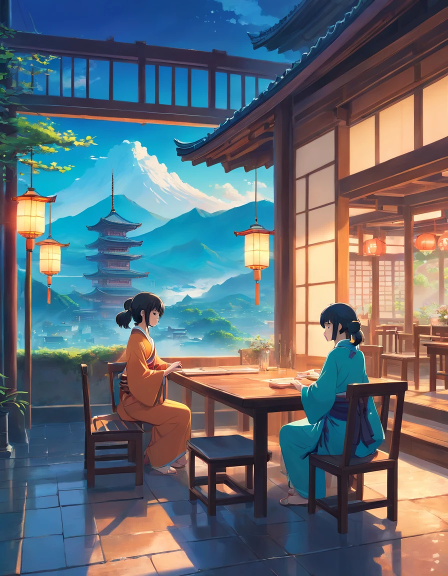 There is a painting，The painting depicts two Hanfu women sitting at a table, dream scenery art, Zen temple background, Oriental fantasy, landscape artwork, Temple background, background artwork, dreamy scenes, Detailed scenery —width 672, dreamy Chinese towns, oriental wallpaper, Chinese landscape, dreamlike digital painting, Atmospheric fantasy sky, dreamy matte painting, surreal dreamscape, Fantasy background