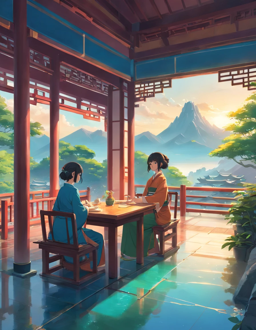 There is a painting,The painting depicts two Hanfu women sitting at a table, dream scenery art, Zen temple background, Oriental fantasy, landscape artwork, Temple background, background artwork, dreamy scenes, Detailed scenery —width 672, dreamy Chinese towns, oriental wallpaper, Chinese landscape, dreamlike digital painting, Atmospheric fantasy sky, dreamy matte painting, surreal dreamscape, Fantasy background