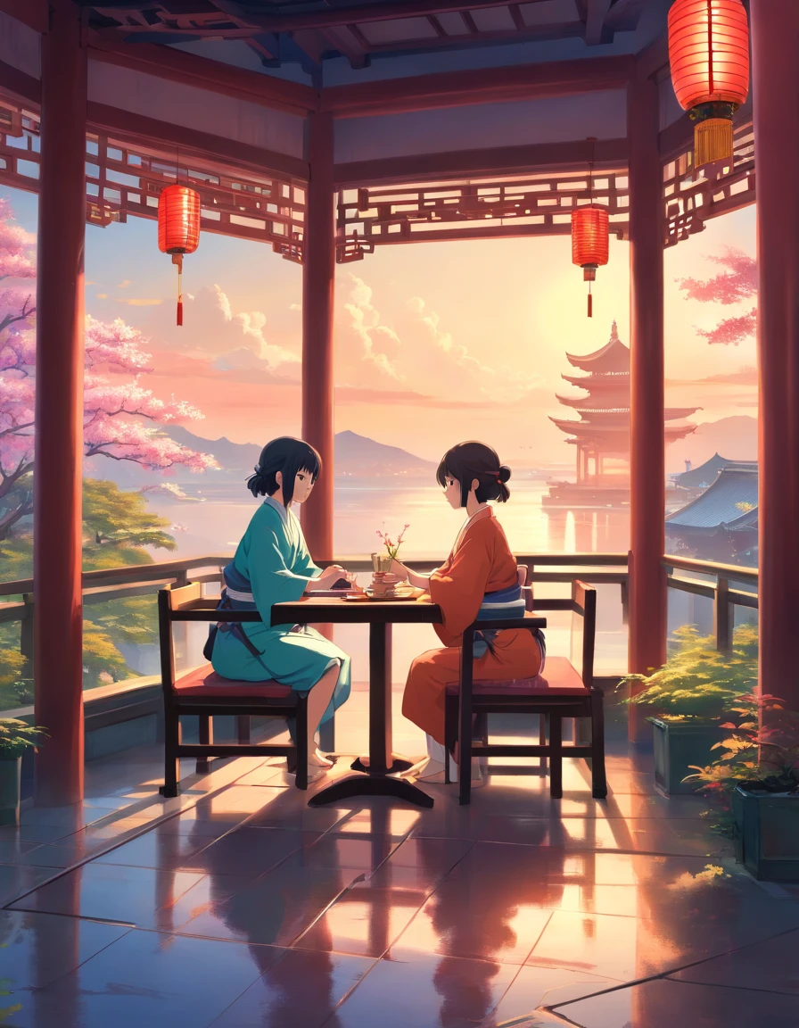 There is a painting，The painting depicts two Hanfu women sitting at a table, dream scenery art, Zen temple background, Oriental fantasy, landscape artwork, Temple background, background artwork, dreamy scenes, Detailed scenery —width 672, dreamy Chinese towns, oriental wallpaper, Chinese landscape, dreamlike digital painting, Atmospheric fantasy sky, dreamy matte painting, surreal dreamscape, Fantasy background