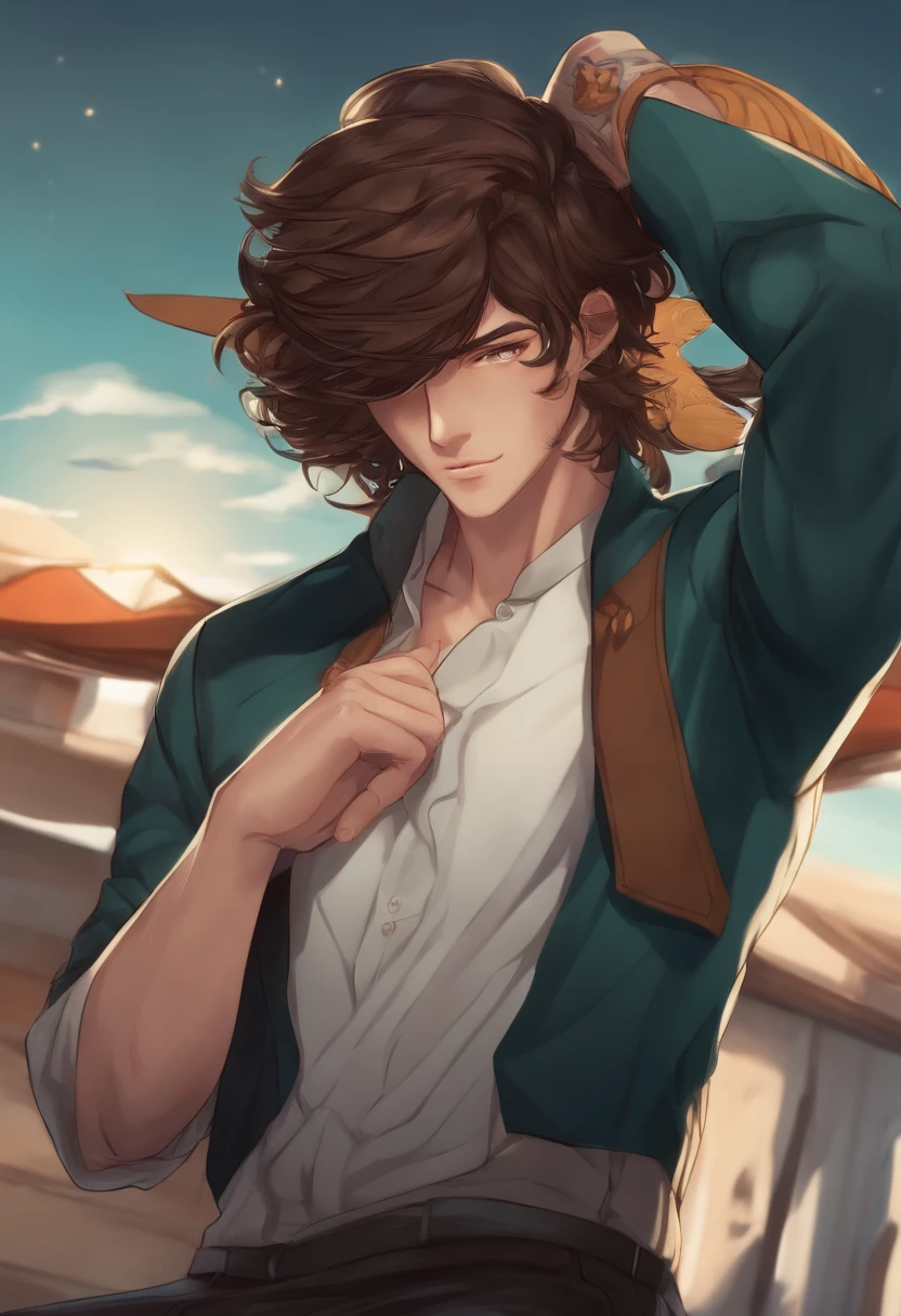(masterpiece, best quality:1.2), <lora:jojo_joseph_joestar-10:1>, cowboy shot, solo, male focus, 1boy, joseph joestar, (muscular:1.1) male, smile, closed mouth, looking at viewer, arms behind head, brown hair, tank top, jeans, multicolored scarf, striped scarf, midriff