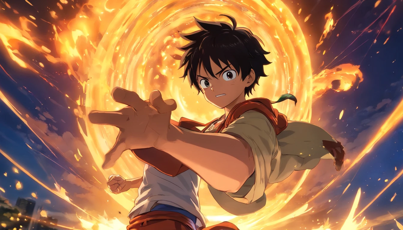 Create an exciting poster with Luffy from "one piece" em um ataque de raiva. Capture the essence of his fiery determination and unyielding spirit as he unleashes his wrath on his enemies. Mantenha-o curto, ousado, e intenso para transmitir o poder bruto da raiva de Luffy., hypnotic, androgynous, fogo no fundo, feixos de luz, fundo preto, tiro no rosto, Cinema4D rendering, profundidade de campo, Cores pretas, classical realism, glow in the dark lighting, hyper realistic, Shadows Dramatic, Estilo filme noir, 4k