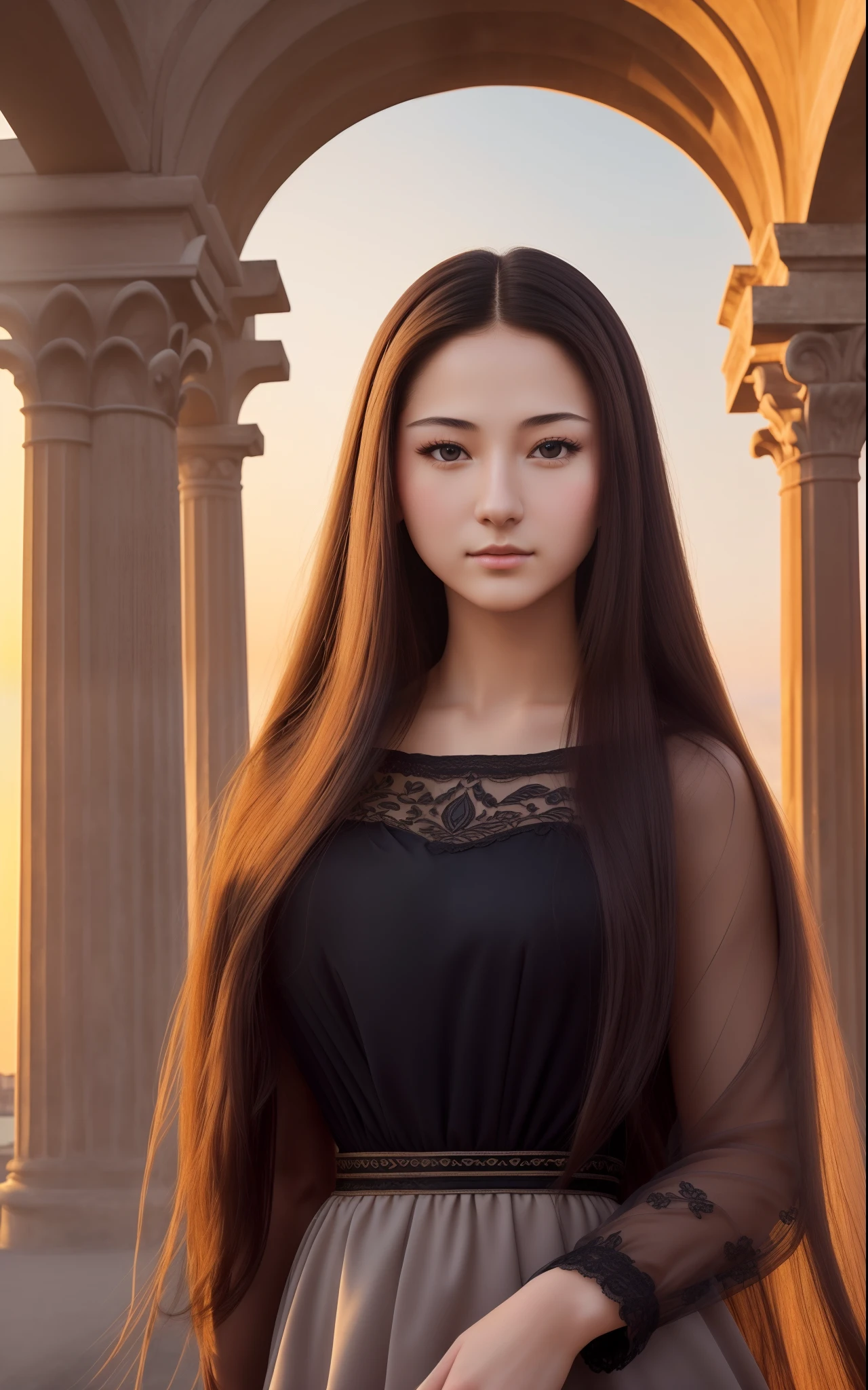 Photo. On the cover of Teen Vogue. Text Says"Tenalisa" Teenage Mona Lisa, 17 years old in black long skirt dress, She has a brunette, Strong confidence standing to meet you. Roman columns and arches created by Greek columns are in the background, On the rooftops of Italian cities, Sunrise sky on background, In the foreground is an empty luxurious wooden chair, In the distance behind her, Leonardo da Vinci facing backwards, Far bridge, The light of sunrise shines here, Cinematic, high detailing, (credibly_absurderes,Huge_filesize:1.37),(masterpiece:1.37),(top-quality:1.37),(realisitic,Photorealsitic:1.2),Ray traching,Realistic lighting,(illuminations,Glow),((film grains:1.37)),(Exquisite details and textures:1.2),(8K分辨率:1.2),(ultra -detail:1.2),(Sharp Focus 1.2),(Raw photography:1.0),(Beautiful Detail Face、Beautiful Detail Eye、 radiant eyes、long eyeslashes、blush of the nose:1.2)、((((perfect anatomia))))、full body Esbian、Ceremony、1girl in、独奏、a beauty girl、High class、(A slender:1.37)、(cute face)、(Natural glowing skin:1)、(Detailed natural skin、detailed skin textures、Detailed black hair、Well-formed hairstyles)、Facial light、(ciinematic light)