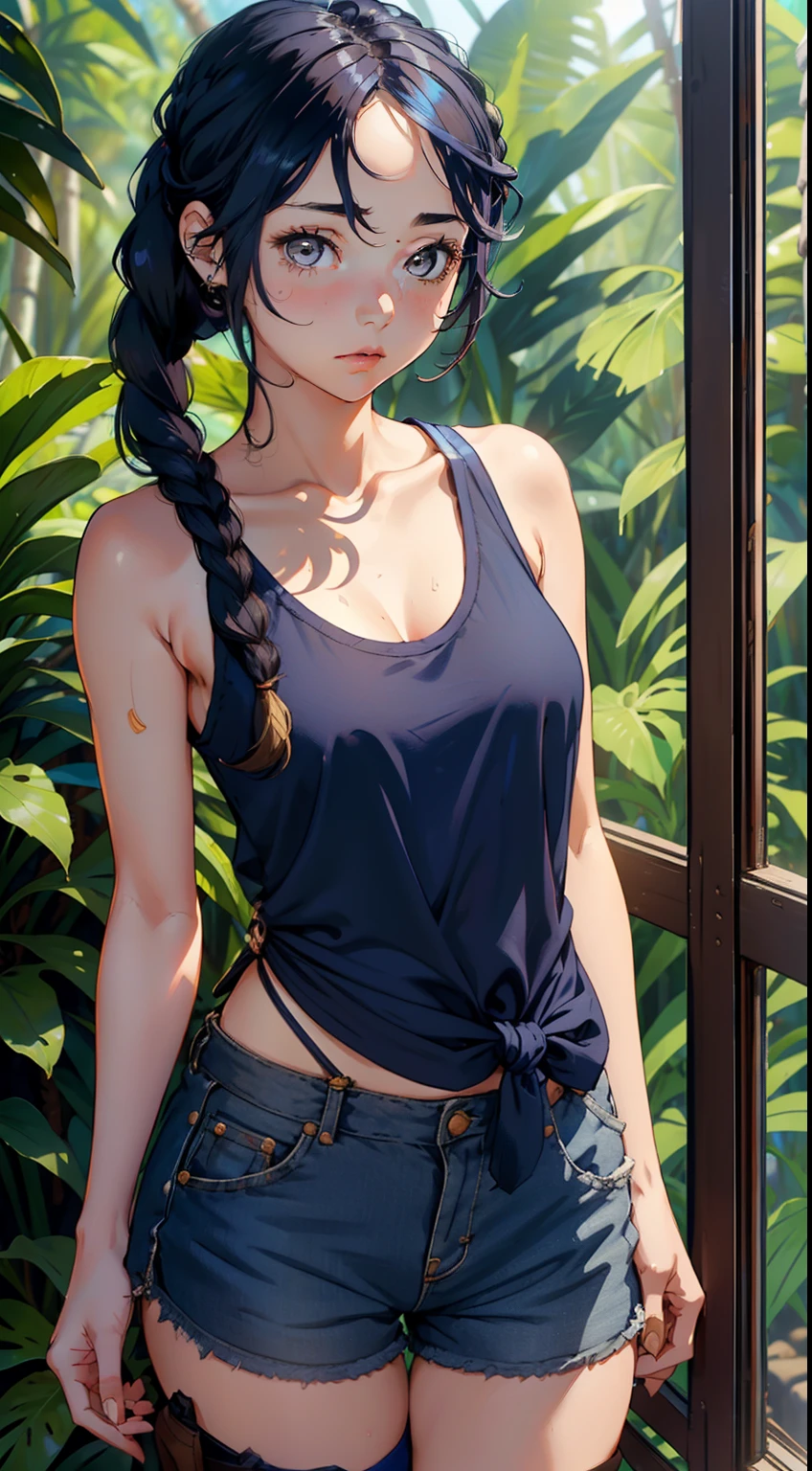 ((Girl with navy blue wavy hair tied in a braids 9.0)) ((brown eyes)) ((blue tanktop 9.0)) ((blue shorts 9.0)) ((in the jungle 9.0))