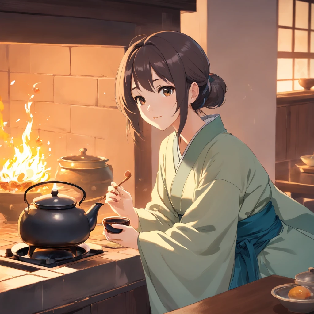 Anime girl in Hanfu standing next to a teapot, Boiling a teapot over a charcoal fire on the stove, Side Body,stove,charcoal fire,teapot,Wear black cloth shoes,author:Qu Leilei, author:Chen Daofu, author:Xia Gui, author:Zou Yigui, by Yang J, author:Qiu Ying, author:Cheng Jiasui, author:Xu Xi, author:Xia Yong, author:Yao Tingmei, Drinking tea, By Li Song