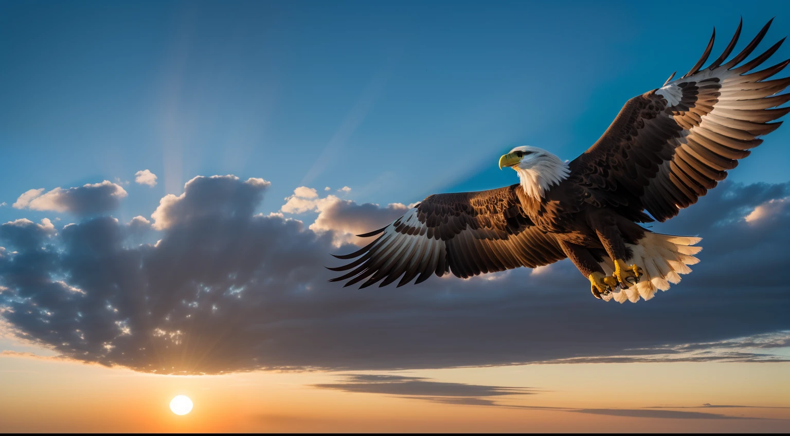 Imagine an illustration of a majestic eagle, com suas asas amplamente abertas, Pairando sobre um pano de fundo de montanhas imponentes, com o sol nascendo ao fundo. The eagle is in full flight, demonstrating his strength and grace in overcoming life's difficulties.