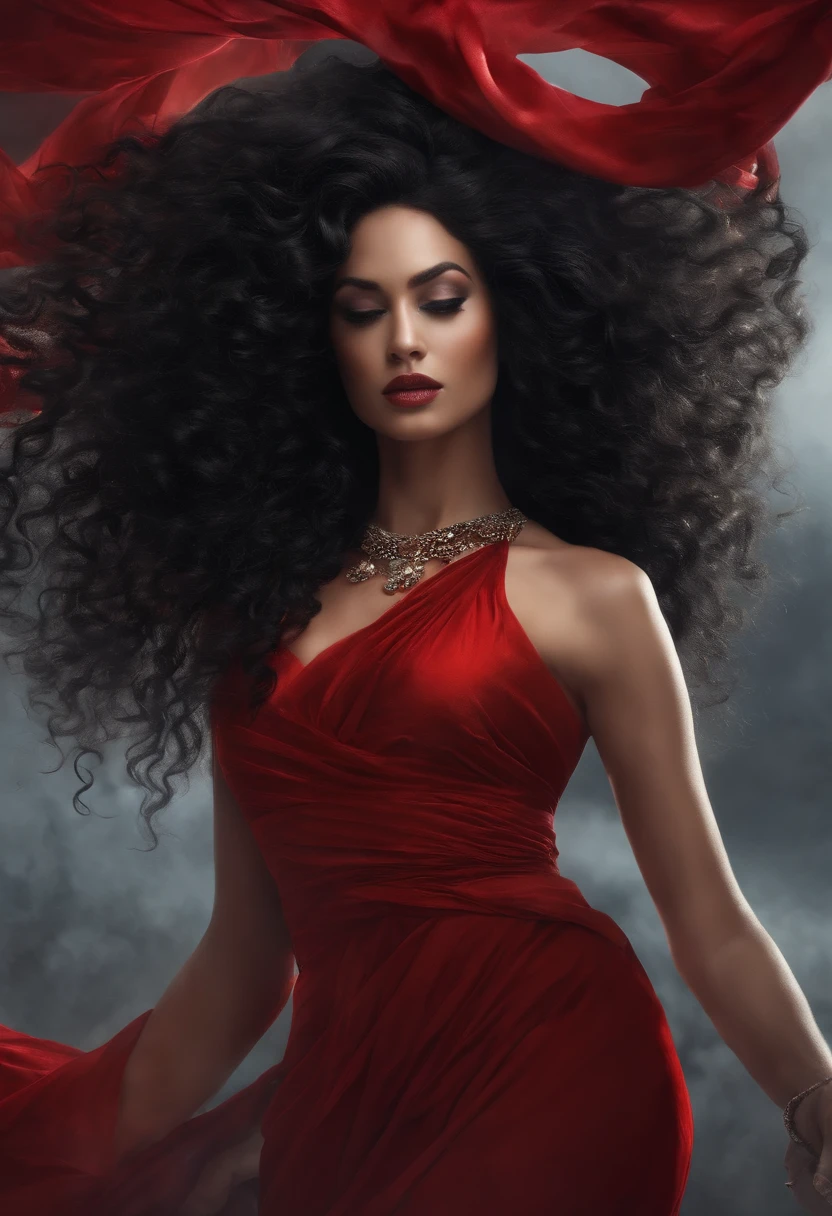 Best quality, Mastery, detailed hairs, A high resolution, ,necklace, hair adornments, (Beautiful face), Red dress, view the viewer, Black hair, standing, （Above the waist），Medusa
