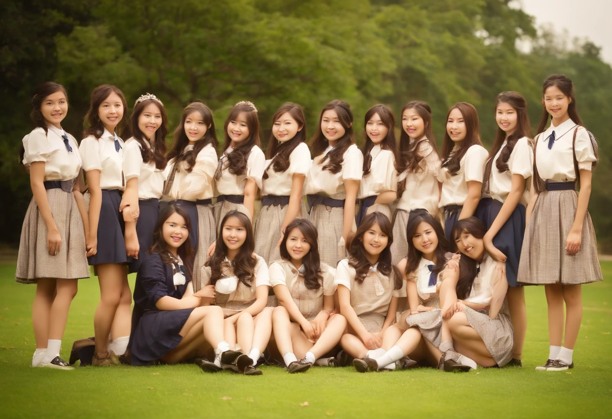 Cute High School Girl 校服 A dark-haired 40 people in group photograph sepia