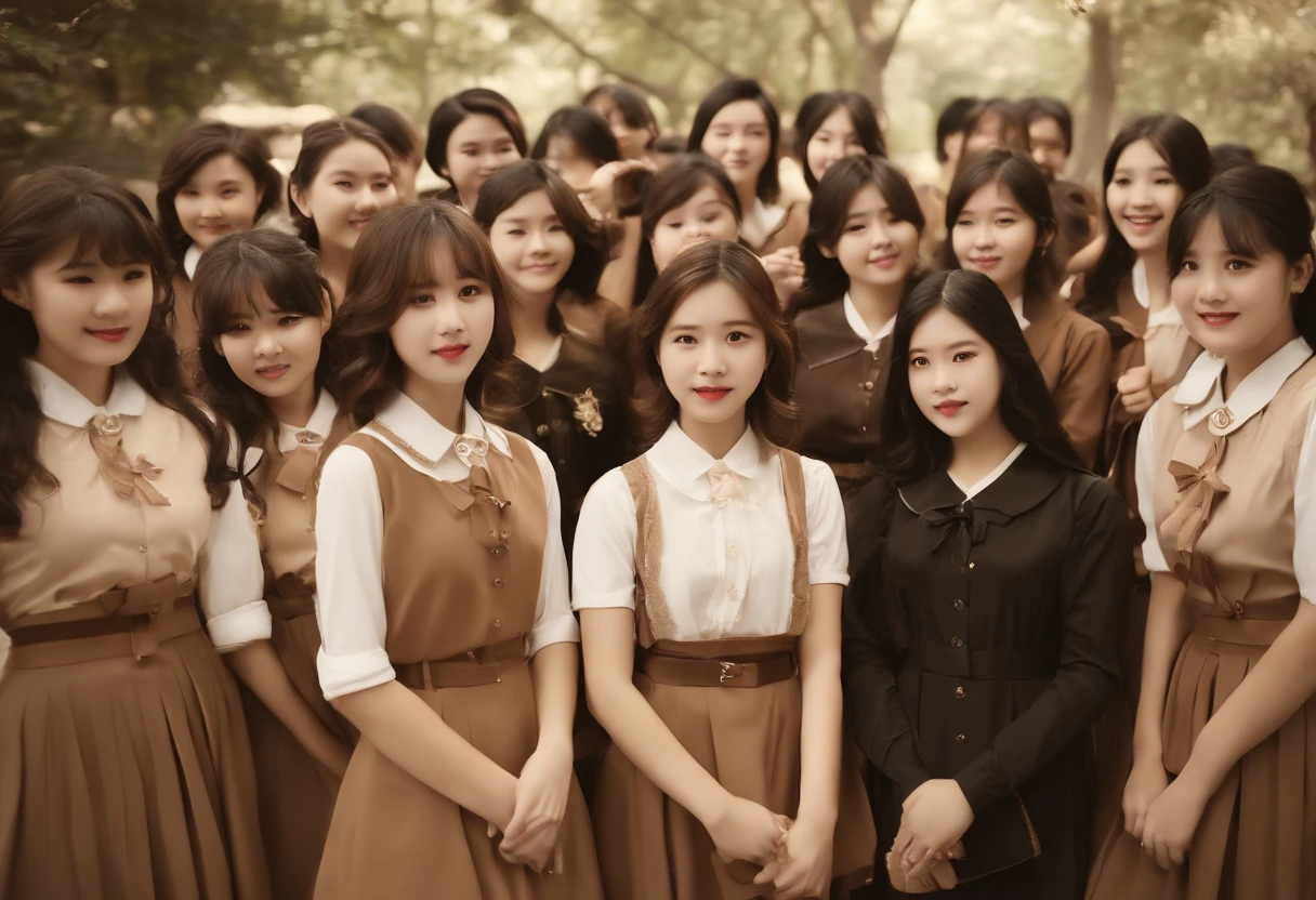 Cute High School Girl 校服 A dark-haired 40 people in group photograph sepia