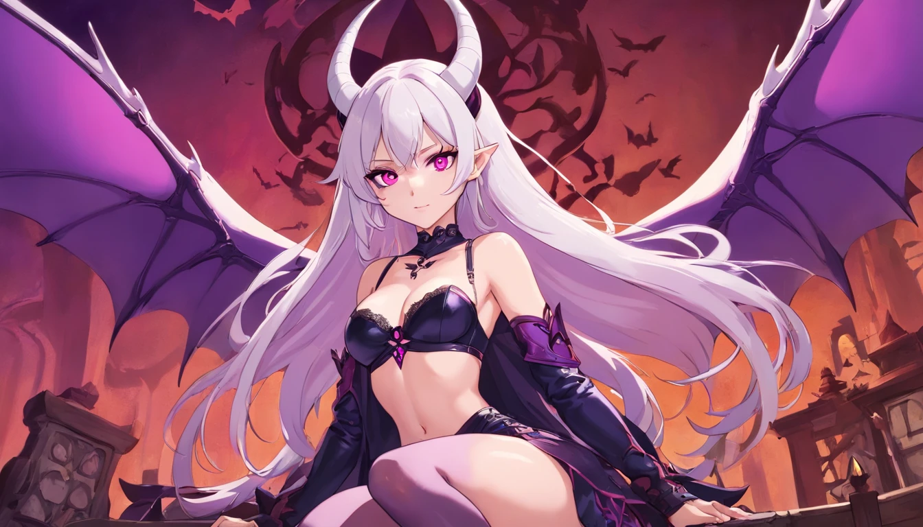 a very beautiful, sexy, succubus woman, long white hair, pink eyes, large bust, wearing a low-cut dark purple leather top, short provocative black skirt with purple leather details, black lace pantyhose, with purple bat wings, with two thick horns,