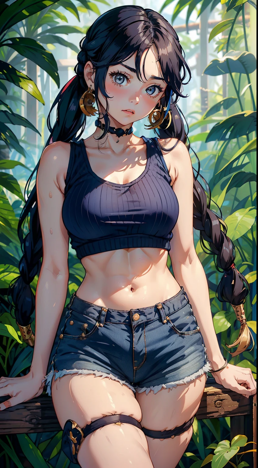 ((Girl with navy blue wavy hair tied in a braids 9.0)) ((brown eyes)) ((blue tanktop 9.0)) ((tight blue shorts 9.0)) ((in the jungle 9.0))