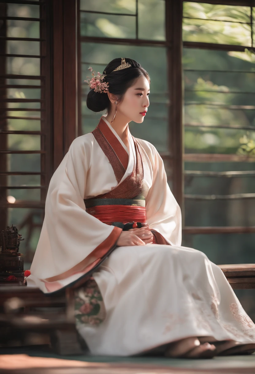Best quality, Masterpiece, Cinematic lighting, Intricate, Simple background, Detailed face, full bodyesbian, (outline:1.2), (pfwg:1.3), linear art, , , 1girll, Sitting, Hanfu, Ski style,, ,