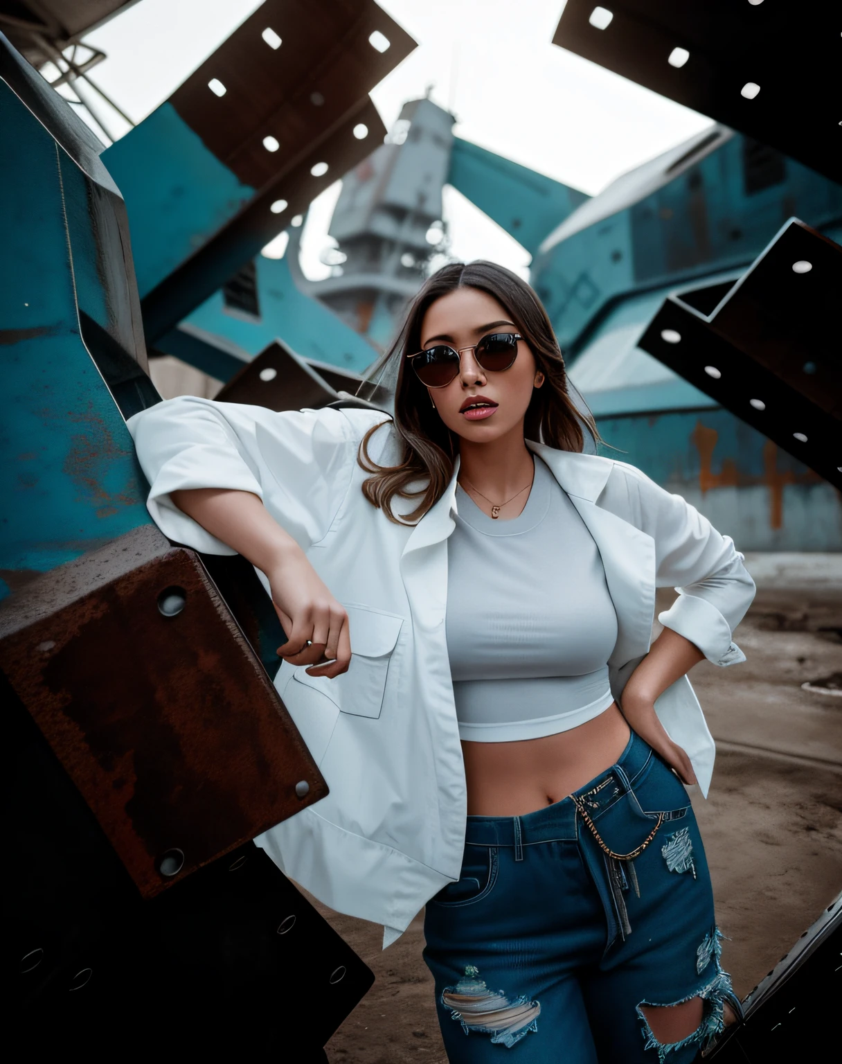 there is a woman standing in front of a large metal structure, cinematic outfit photo, casual photography, in a post apocalyptic setting, shot on canon eos r5, shot on canon eos r 5, girl with warship parts, fashion photo, stylish pose, woman posing, high - end fashion photoshoot, mid shot portrait, modeling photography, shot on leica sl2, fashion photoshoot